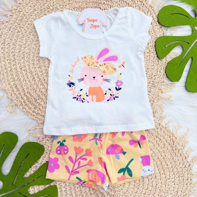 Conj. Blusa Coelhinha Be Kind e Short - Off White e Amarelo
